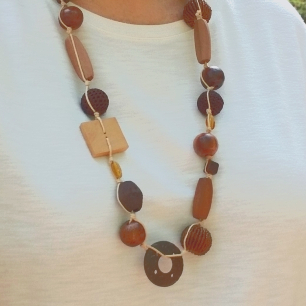 Fair trade chunky wood & glass bead necklace